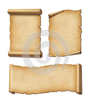 Old Parchment paper scroll set isolated on white with shadow. Horizontal and vertical banners