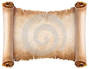 Old parchment paper scroll sheet vintage aged or texture isolated on white background