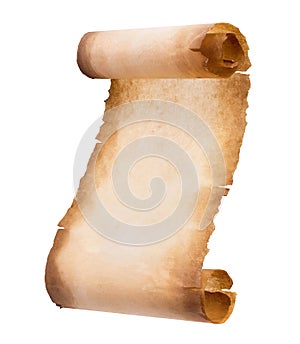 Old parchment paper scroll sheet vintage aged or texture isolated on white background