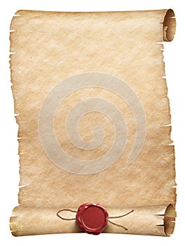 Old parchment scroll with wax seal with thread isolated photo