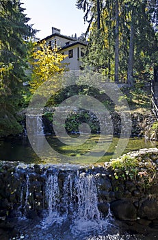 Old park Tsarska or Royal Bistritsa with terraced river, waterfall and differently trees in the venerable autumnal forest