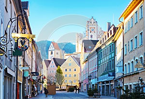 Old part of the city of Fussen in beautiful sunny morning after New Year`s Eve, Bavaria, Germany