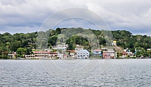 the old part of Flores city located on an island on Lake Peten Itza in the region of Peten Basin in northern Guatemala