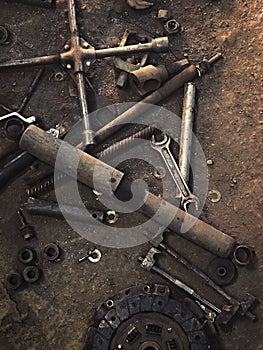Old parts and tools on the workshop floor