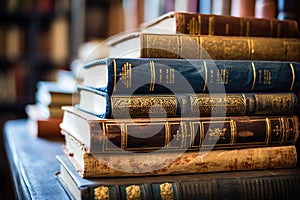 Old pattern and hardcover books stacked on blurred background. Generative ai