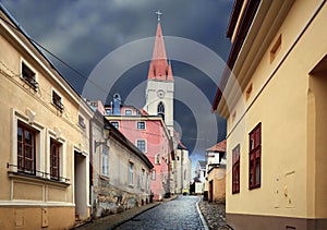 Old paved street in the historical downtown. Znojmo, Czech Republic.