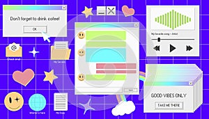 Old pc window 90s. Vector ui element with vaporwave. Retro dialog interface and music player template. Gui folder and