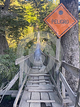 old pedestrian wood bridge in forest