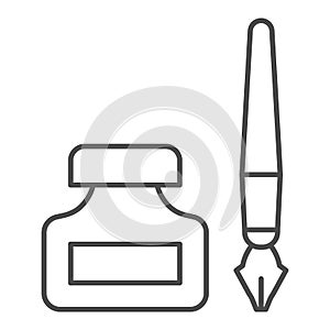 Old pen and ink can thin line icon. Fountain pen and jar symbol, outline style pictogram on white background. Office or