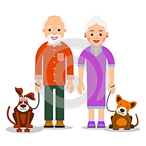 Old people with animal. Senior couple standing next to dogs and smiling. collection. Cute animals and happy family. Illustration photo