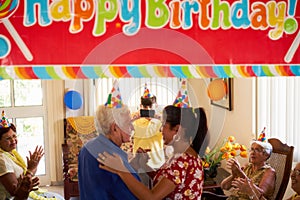 Old People Birthday Party With Friends In Geriatric Hospital