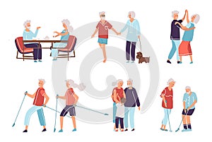 Old people. Cartoon hand drawn elderly persons and couples, grandparents in different activities. Vector happy senior