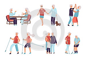 Old people. Cartoon hand drawn elderly persons and couples, grandparents in different activities. Vector happy senior photo