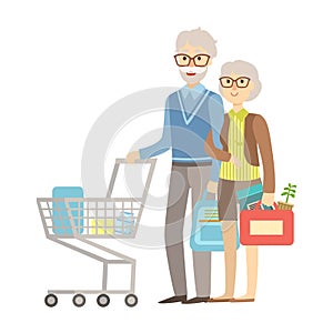 Old People Couple Shopping For Groceries In Supermarket, Illustration From Happy Loving Families Series