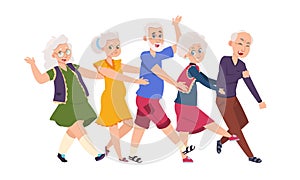 Old people dancing. Diverse elderly cartoon characters dancing a conga line, happy funny persons. Vector active
