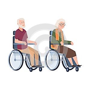 Old people disabled. Senior in a wheelchair. Couple of elderly handicapped person. Vector illustration grandpa and