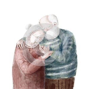 old people embrace, sweet hugs, tender love illustration, valentine& x27;s card design