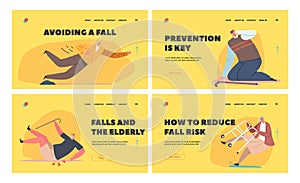 Old People Fall Landing Page Template Set. Senior Male and Female Character Falling Down on Ground due to Slippery Road
