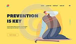 Old People Falling Prevention Landing Page Template. Senior Man Sitting on Floor with Dizzy Head and Cane, Accident