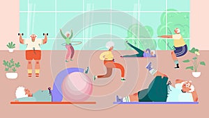 Old people group doing exercises in gym, vector illustration. Healthy activity for senior man woman character, sport and