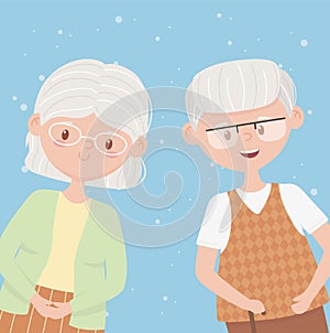 Old people, happy grandparents, mature couple cartoon characters
