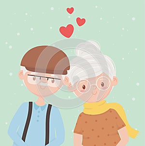 Old people, happy grandparents, mature couple love cartoon characters