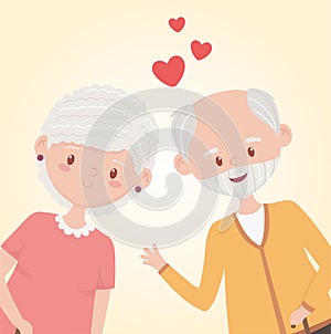 Old people, happy grandparents, mature couple love cartoon characters