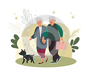 Old people having active lifestyle, spending time together. Elderly men and women walking dog