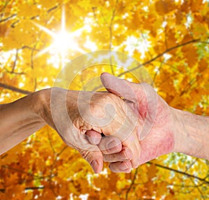 Old people holding hands. Closeup.