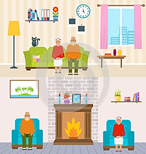 Old People Home Interior Background. Aged Characters, Household Furniture, Pension