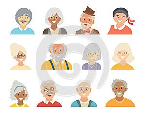 Old people icons vector set.Face of old people icons.Face of elder people icons cartoon style