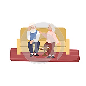 Old people illness. Grandfather and grandmother on couch. Image of adult family. Sick grandparent in cartoon style