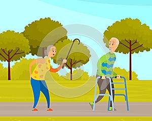 Old people man and woman on walk in city garden. Elderly couple with walking cane and walker in park