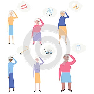 Old people with memory loss vector illustration. Set of old women trying to remember different things. Flat minimal design style