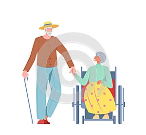 Old people outdoor man with a cane and woman in a wheelchair