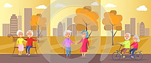 Old People in Park Vector Banner of Mature Couples