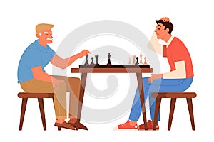 Old people play chess set. Elderly peope sitting at the table with chessboard.