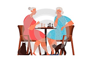 Old people play chess set. Elderly peope sitting at the table with chessboard. photo