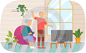 Old people playing video games. Seniors with gamepads play on console, deal with technology