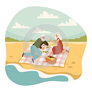 Old people romantic picnic. Elderly man and woman having meal on sea side, couple on beach and drinking wine, characters