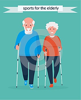 Old people sport activities. Happy Senior Couple making nordic walking In the Park. Vector illustration. Healthy