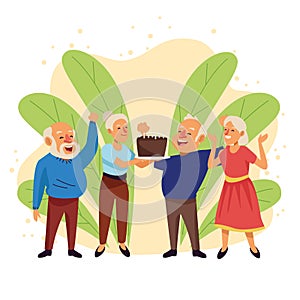 Old people with sweet cake active seniors characters