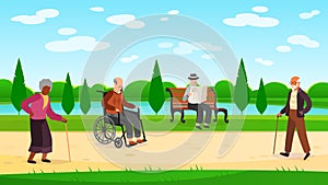 Old people walking park. Outdoors character grandpa grandma walk bench bicycle elderly man woman active pensioner banner