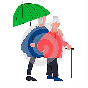 Old people walking under umbrella. Senior couple enjoying a walk together in the rain. Vector illustration in flat style