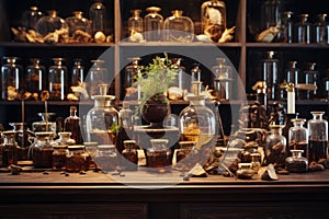 old perfume laboratory apothecary with flask ingredients wood resin herbs, Generative AI