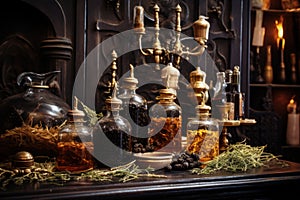 old perfume laboratory apothecary with flask ingredients wood resin herbs, Generative AI