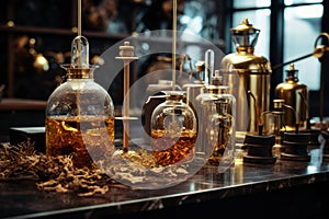 old perfume laboratory apothecary with flask ingredients wood resin herbs, Generative AI