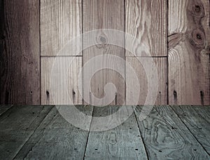 Old perspective wooden floor and wood stacked wall