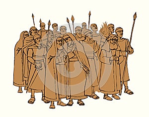 Old Pharisee Priest with army. Vector drawing