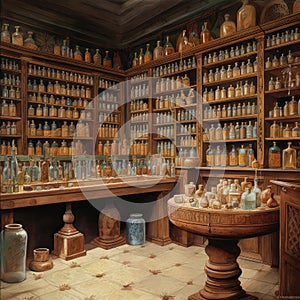 Old pharmacy interior. Glass bottles with titles, wooden shelves, stone floor. Brown colors, dusty. Medicine, chemistry